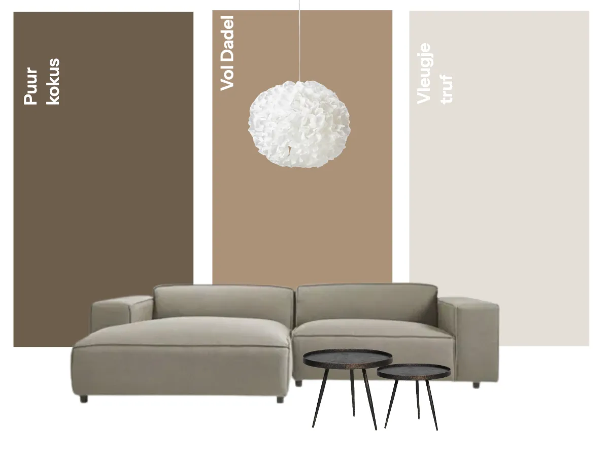 Moodboard met een kleurenpalet in bruin en beige, een hoekbank en een bolle hanglamp