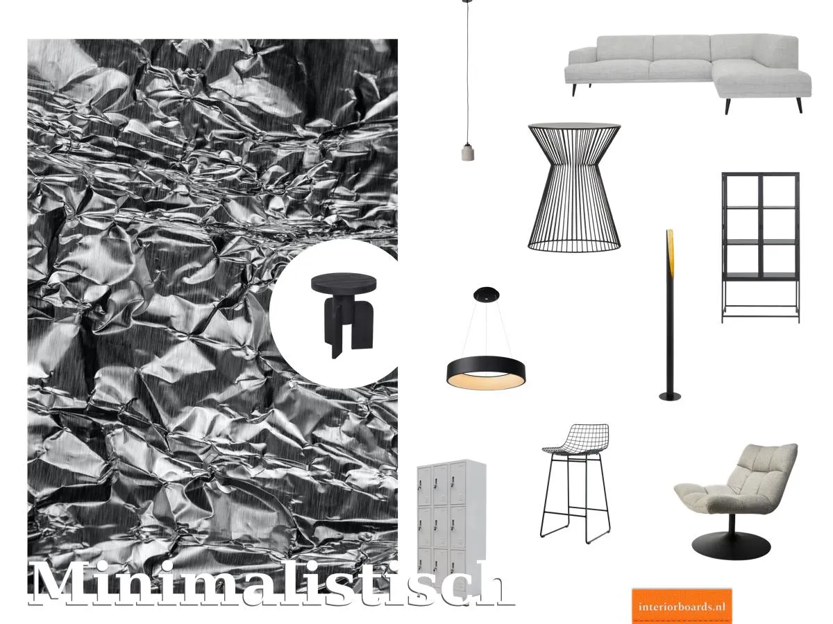 Moodboard in zwart en grijs met een lichte hoekbank, een draadlamp, een metalen kast en barkrukken