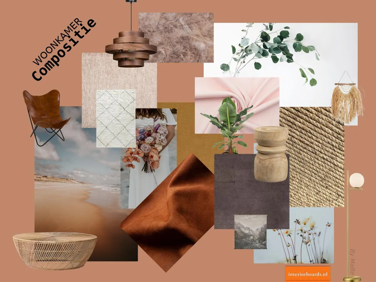 Moodboard in terracotta met een leren stoel, een rotan tafel, tapijten en planten
