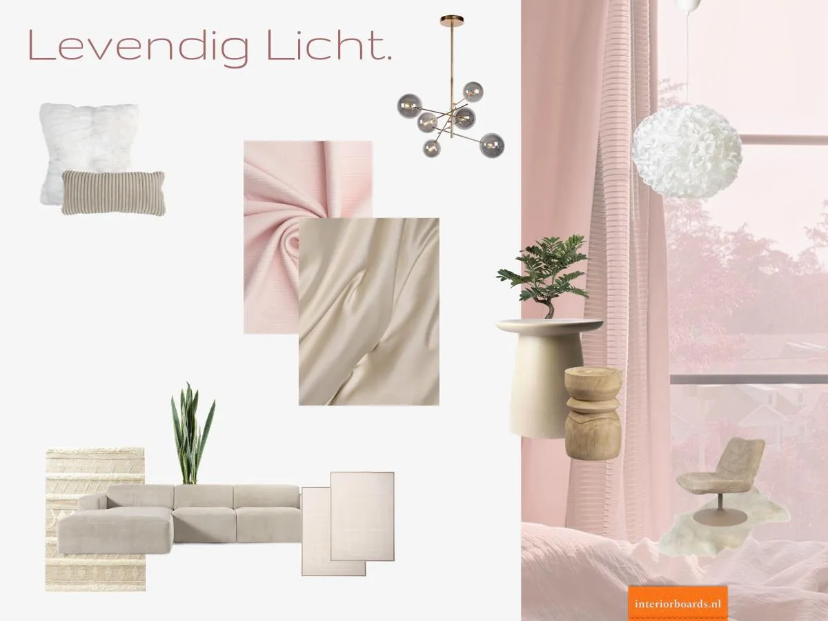 Scandinavisch interieur: moodboard met wit linnen en tapijten in olijfgroen